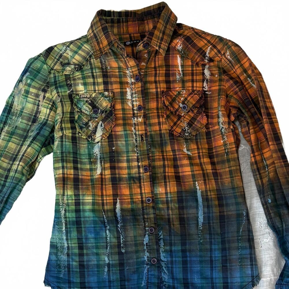 Krush Long Sleeves Faux Distressed Button-Up Western Cowboycore Multicolor XS